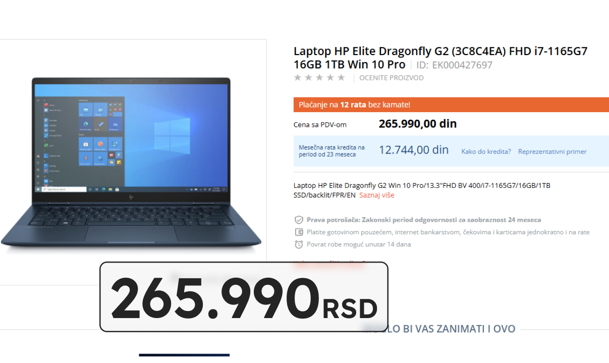 Slika koja predstavlja cenu novog HP Elite Dragonfly laptopa
