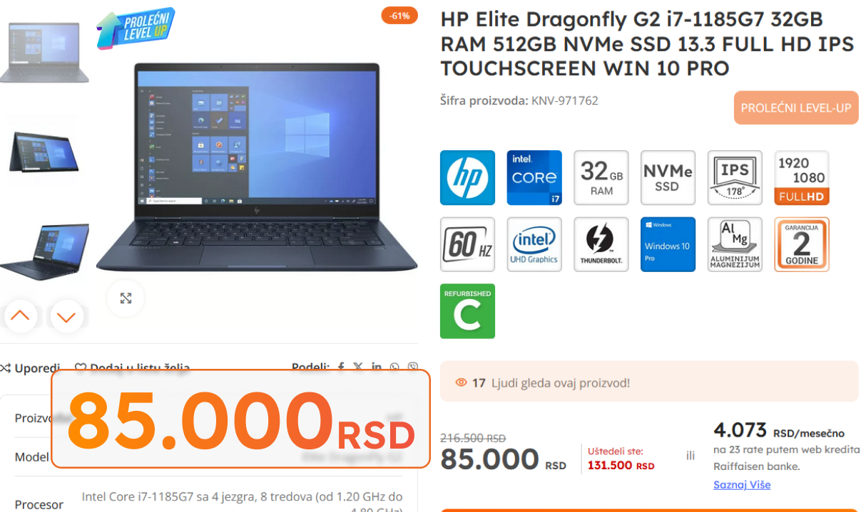 Slika koja predstavlja cenu refurbished HP Elite Dragonfly laptopa