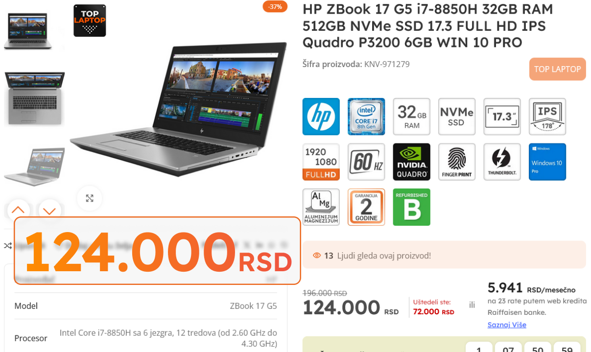Slika koja predstavlja cenu refabrikovane Zbook radne stanice u KONOVO