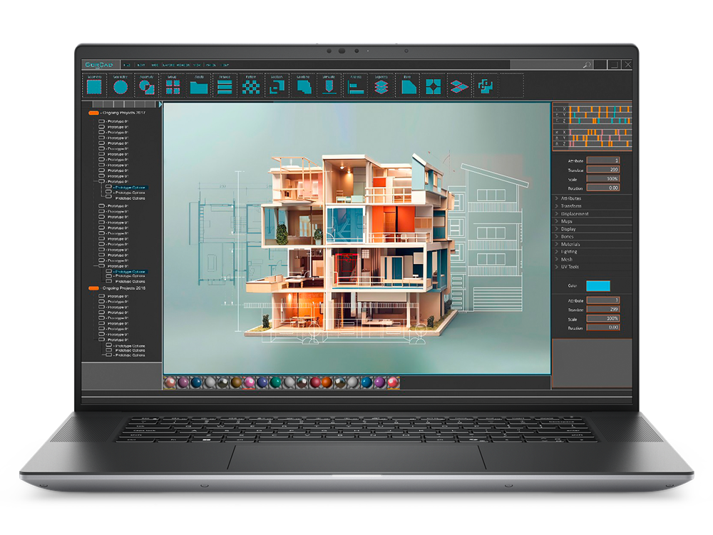 Slika koja prikazuje Dell Precision laptop i 3D okruženje na njegovom ekranu