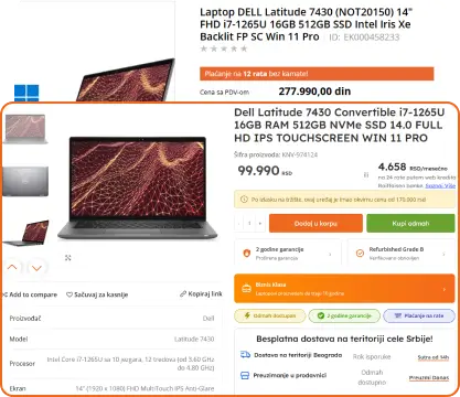 Poređenje cene novog i refurbished Dell Latitude 7430 laptopa sa prikazom ostvarene uštede.