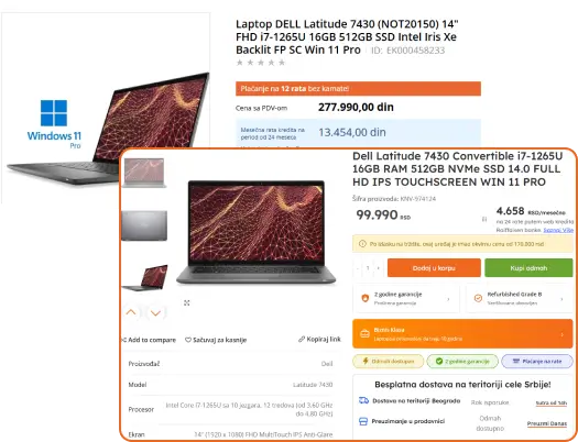 Poređenje cene novog i refurbished Dell Latitude 7430 laptopa sa prikazom ostvarene uštede.