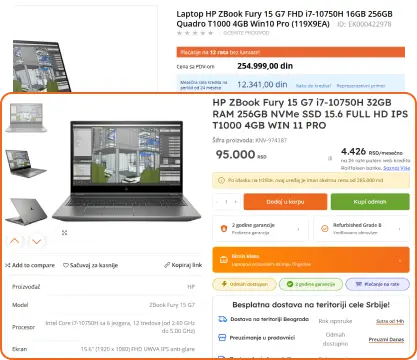 Poređenje cene novog i refurbished HP ZBook Fury 15 G7 laptopa sa prikazom ostvarene uštede.
