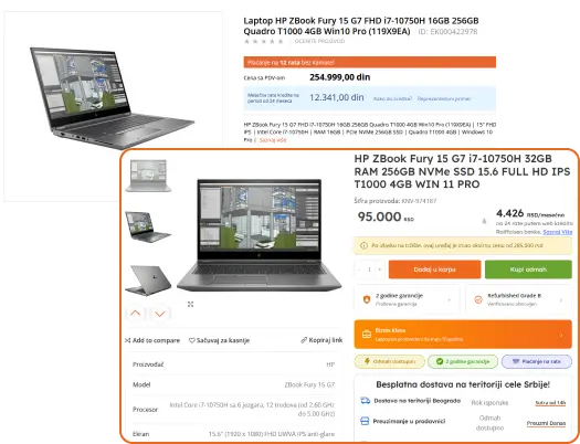 Poređenje cene novog i refurbished HP ZBook Fury 15 G7 laptopa sa prikazom ostvarene uštede.