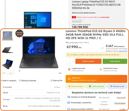 Poređenje cene novog i refurbished Lenovo ThinkPad E15 G2 laptopa sa prikazom ostvarene uštede.