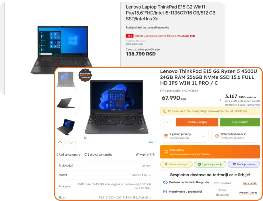 Poređenje cene novog i refurbished Lenovo ThinkPad E15 G2 laptopa sa prikazom ostvarene uštede.