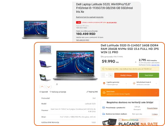 Poređenje cene novog i refurbished Dell Latitude 5520 laptopa sa prikazom ostvarene uštede.