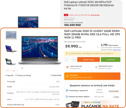 Poređenje cene novog i refurbished Dell Latitude 5520 laptopa sa prikazom ostvarene uštede.
