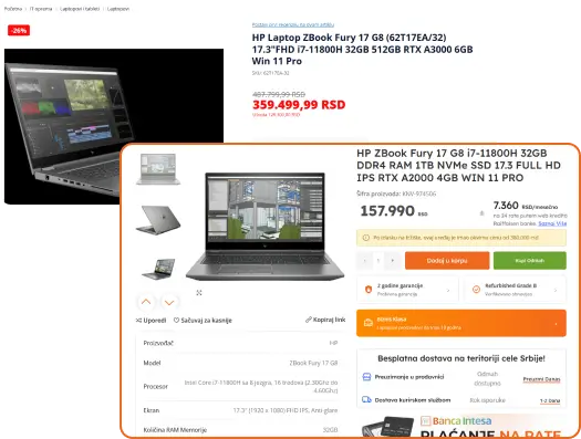 Poređenje cene novog i refurbished HP ZBook Fury 17 G8 laptopa sa prikazom ostvarene uštede.
