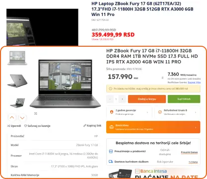 Poređenje cene novog i refurbished HP ZBook Fury 17 G8 laptopa sa prikazom ostvarene uštede.